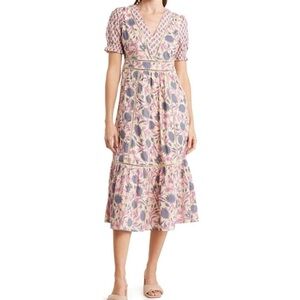 dRA Anthropologie Floral V-Neck Midi Dress
